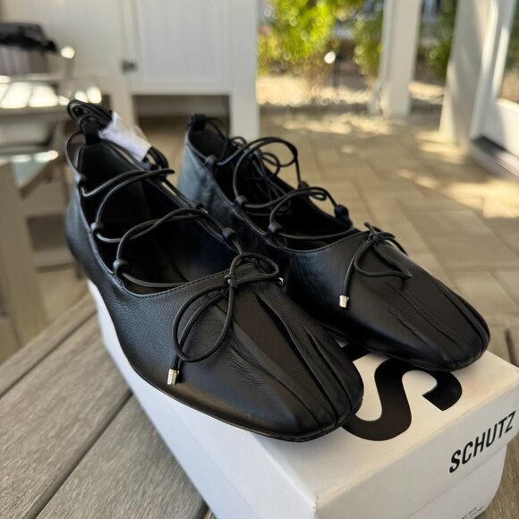 New Schutz Arissa Lace Up Ballet Flats Leather Black Womens Size 7 - Picture 13 of 14